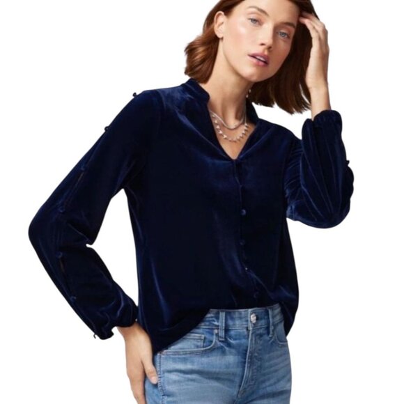 NWT WHBM Blue Velvet Slit Sleeve V-Neck Velvet Button Down Shirt XL Reg. $99 - Picture 1 of 9